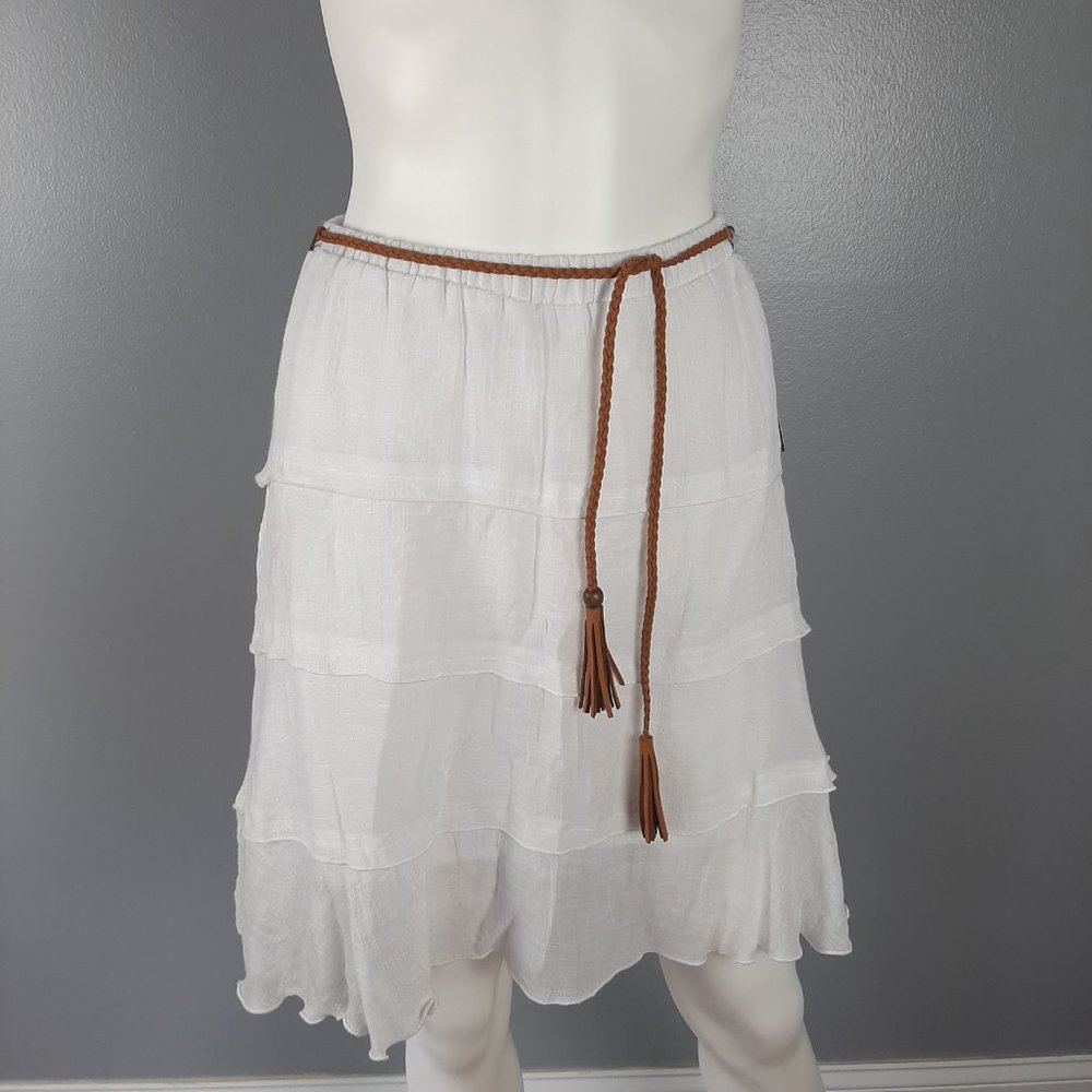 BCX Womens Tiered Hi Lo A-Line Skirt Size Small White with Braided Suede Belt
